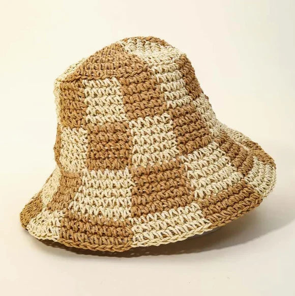 Straw Braided Checkered Bucket Hat