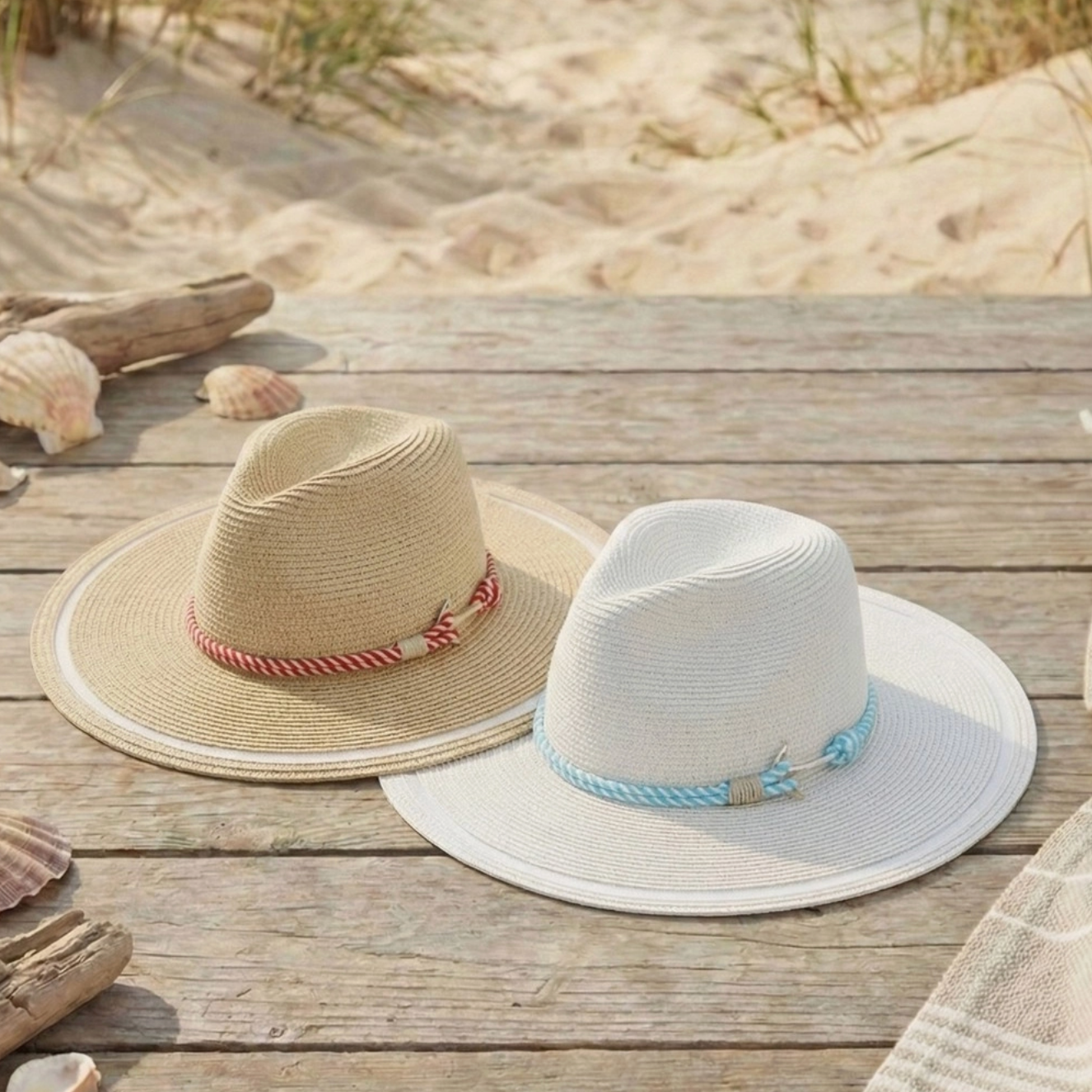 Striped Rope Flat Brim Straw Sun Hat