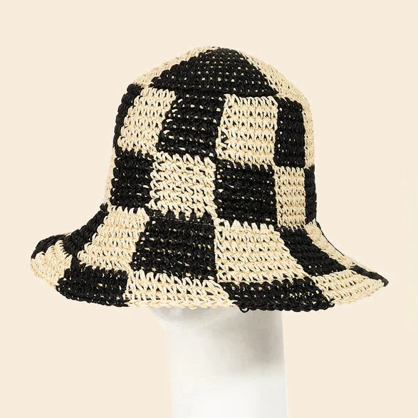 Straw Braided Checkered Bucket Hat